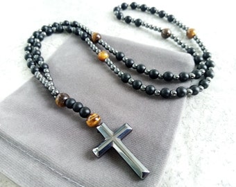 Chapelet œil de tigre, cadeau pour un père, collier œil de tigre pour homme, collier croix pour homme, chapelet catholique, cadeau d'anniversaire pour un petit ami