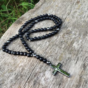 Gemstone rosary Mens Cross necklace black Mens rosary necklace Shungite rosary Black beaded necklace Long necklace men Miss you gift men