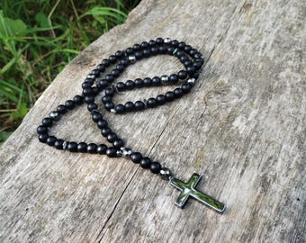 Chapelet en pierres précieuses, collier croix noir pour homme, chapelet en shungite, collier de perles noires, long collier pour homme, cadeau « Tu me manques » pour homme