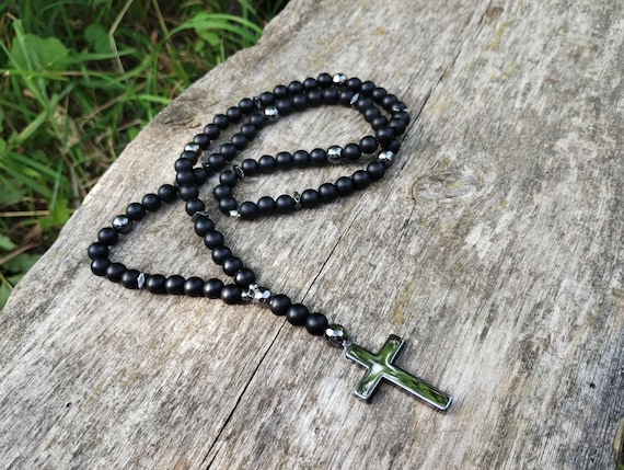 Gemstone rosary Mens Cross necklace black Mens rosary necklace Shungite rosary Black beaded necklace Long necklace men Miss you gift men