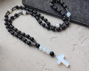 Collier en pierre de lune pour homme, pendentif croix en pierre de lune bleue, long collier de perles, collier en cristal de guérison, bijoux en pierre de lune, chapelet pour homme