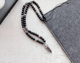 Hämatit-Halskette für Herren, Schutzkristall-Halskette mit silbernem Hämatit-Anhänger, schwarzer Onyx-Schmuck für Herren, Geburtstagsgeschenk für den Freund