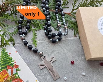 Rosenkranz aus Schungit für Männer, Rosenkranz aus silbernem Hämatit, Schwarze Perlenkette für Männer, Katholische Halskette, Schutzkette für Männer, Geschenk für den Freund