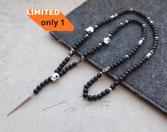 Collier en onyx noir pour homme, collier tête de mort, collier à pointes, collier de perles noires, long chapelet, collier en hématite, cadeau d'anniversaire pour homme