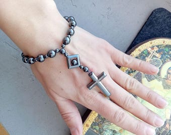 Chapelet de voiture en hématite, bracelet chapelet en pierre, accessoires chrétiens pour voiture, chapelet pour homme, chapelet de poche, breloque pour voiture, cadeau catholique, cadeau de baptême