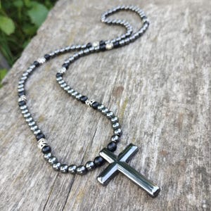 Hematite rosary for men Hematite Cross Pendant Necklace Balancing Protective Amulet Long mens necklace with cross Religious Necklace Men