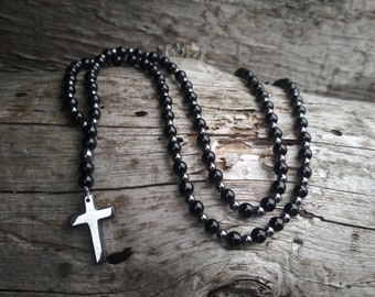 Birthday gift husband Black agate rosary gemstone Mens cross necklace Hematite rosary beads the best gift man Long distance gift