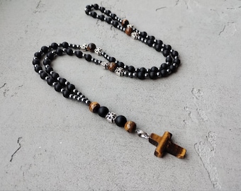 Tigerauge Gebetskette Katholischer Christus Hämatit Kreuz