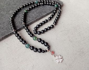 Collier porte-bonheur pour homme, collier trèfle, collier pierre noire, collier agate verte, bijoux Saint-Patrick, collier pendentif porte-bonheur