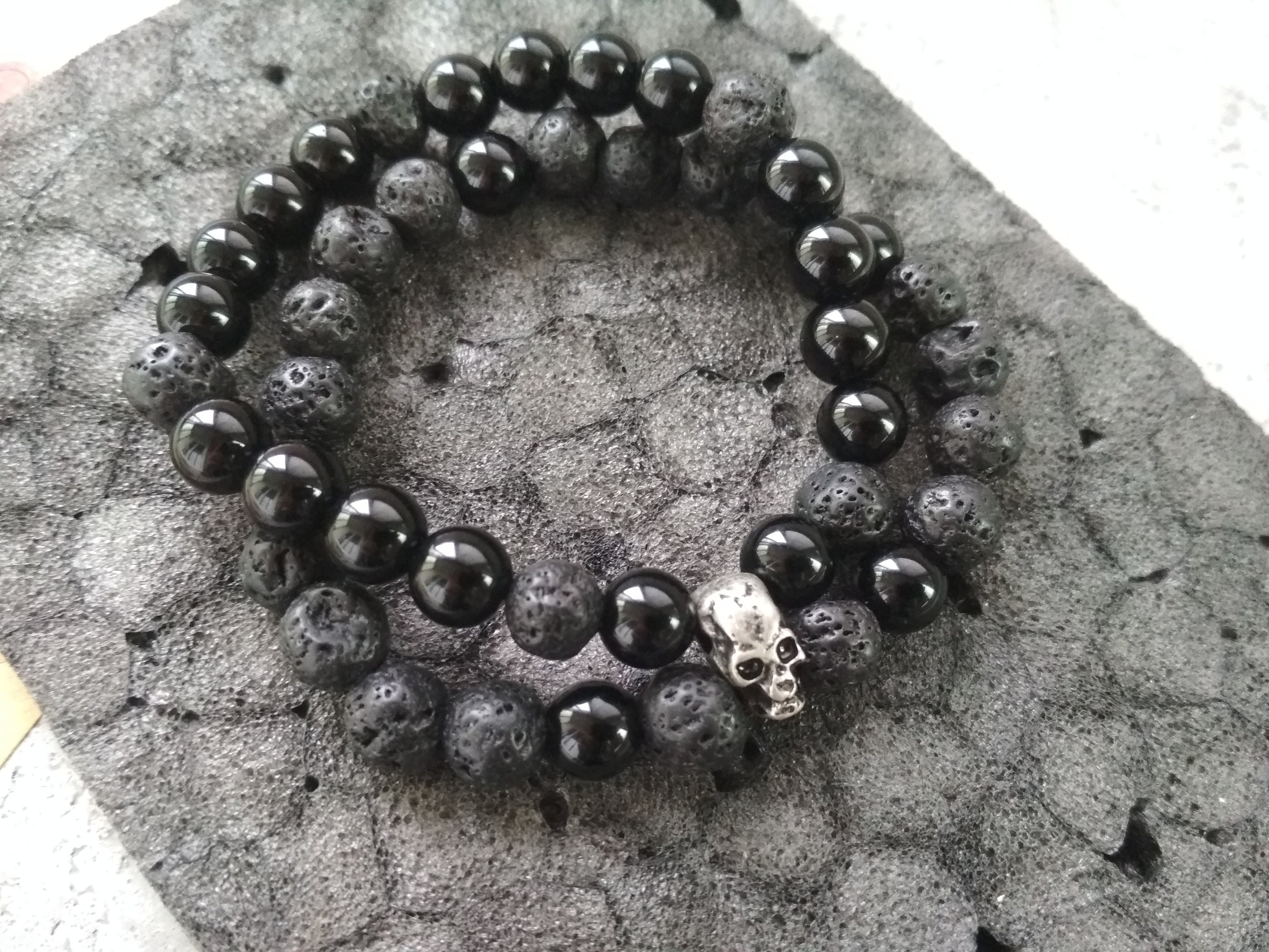 Black Lava Bracelet Human Skull Bracelet for Men Silver Skull - Etsy