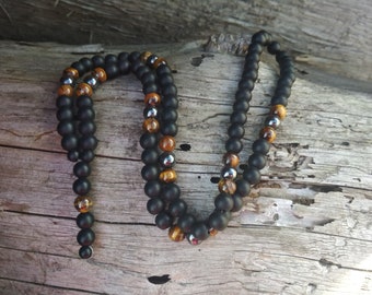 Cadeau pour la fête des pères : Chapelet noir pour homme, Collier œil de tigre pour homme, Chapelet œil de tigre, Collier en shungite pour homme, Collier minimaliste, Collier en cristal