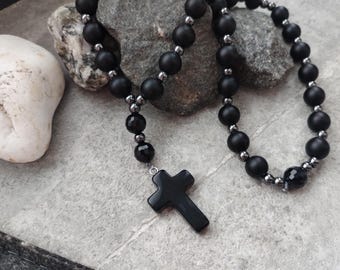 Chapelet anglican en pierre précieuse noire, chapelet en hématite, croix en agate noire, chapelet chrétien, chapelet de prière protestant épiscopal, chapelet de poche, cadeau pour hommes