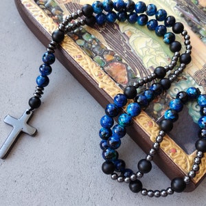 Mothers gift Blue rosary for man Catholic jewelry men Black shungite jewelry Mens necklace cross pendant Hematite necklace Catholic rosary