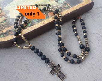 Chapelet en bronze pour homme, petit collier croix, collier en shungite, long collier en hématite, collier de protection pour homme, collier simple pour petit ami