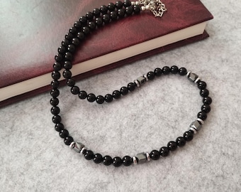 Obsidian-Halskette für Herren, Silberne Hämatit-Halskette, Halskette mit schwarzem Edelstein, Obsidian-Schmuck, Herren-Choker zum Schutz, Geschenk für den Freund