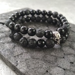 Halloween gift Black lava stone bracelet Human skull bracelet for men skull jewelry Skeleton bracelet Black agate bracelet gift for brother