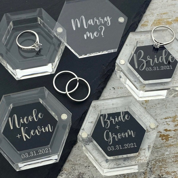 Personalized Wedding ring HOLDER, magnetic acrylic ring BOX • bride’s ring holder • groom’s ring holder • his and hers engraved ring boxes