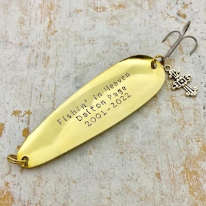 Personalized Fishin’ in Heaven memorial fishing lure with custom name and years, hand-stamped brass keepsake gift with a cross charm.