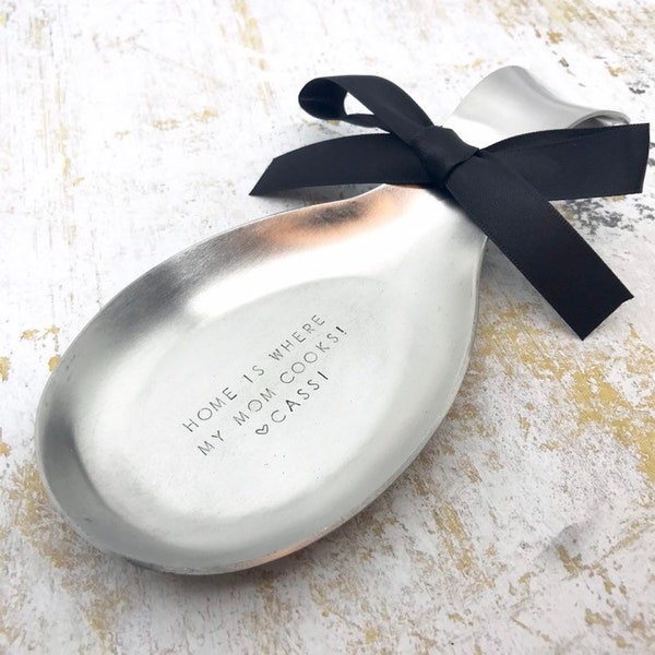 Custom Hand Stamped metal spoon rest • spoon holder birthday gift for mom, christmas gift for grandma, house warming gift, gift for the boss