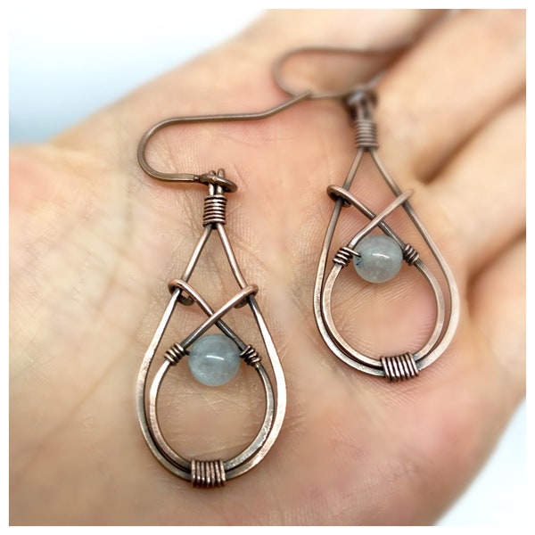 Small aquamarine double teardrop antiqued copper earrings dangling earrings organic earrings Mother's Day gift birthday gift for her