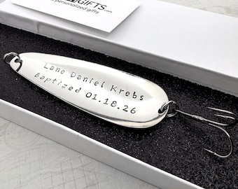 Personalized Baptism Gift for Boy, Hand Stamped Fishing Lure Keepsake, Christian Name Date Gift