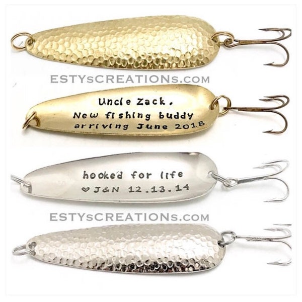 Custom hand stamped fishing lure - boyfriend valentines gift, fiance engagement gift, anniversary gift for husband, pregnancy announcement.