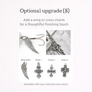 Pu&ograve; includere: Immagine che mostra ciondoli di aggiornamento opzionali per un'esca. Le opzioni includono un ciondolo ad ala e tre ciondoli a croce. Il testo recita "Optional upgrade ($)" e "Add a wing or cross charm for a thoughtful finishing touch."