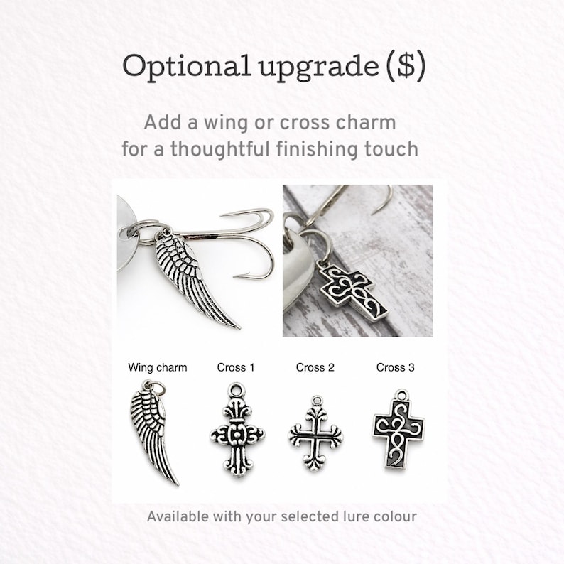 Pu&ograve; includere: Immagine che mostra ciondoli di aggiornamento opzionali per un'esca. Le opzioni includono un ciondolo ad ala e tre ciondoli a croce. Il testo recita "Optional upgrade ($)" e "Add a wing or cross charm for a thoughtful finishing touch."