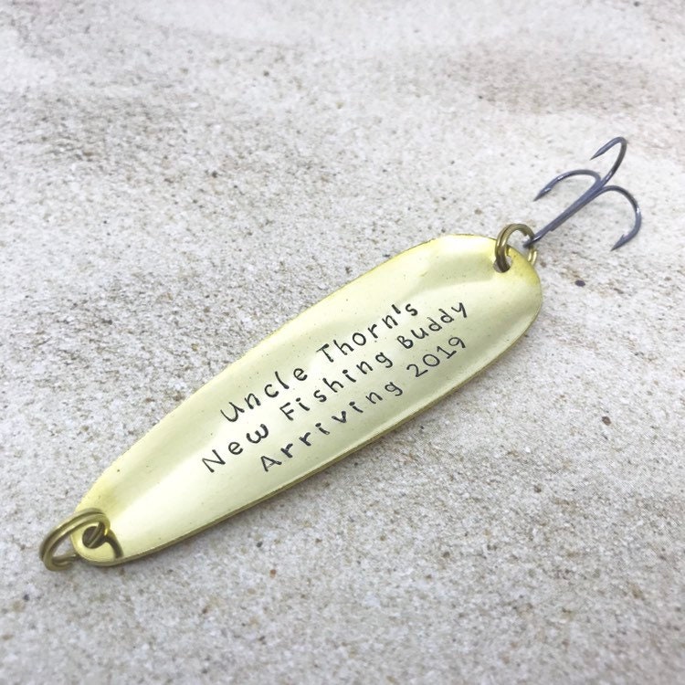 Personalized pregnancy announcements, birth announcement, new baby, we are expecting -hand stamped on a fishing lure for grandpa new uncle