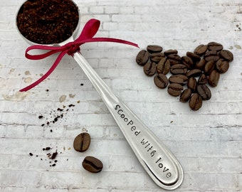 Scooped with love metal coffee scoop for coffee lovers. unisex gifts - valentine's gift for him and her. Customizable hand-stamped message
