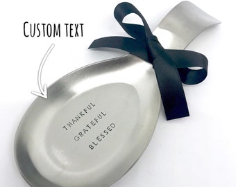 Hand Stamped metal spoon rest -gift for foodie, gift for grandma, gift for an aunt thankful grateful blessed (customizable text) food safe