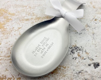 Fun custom Hand Stamped metal spoon rest • spoon holder birthday gift for a friend, christmas gift for him, house warming gift for her