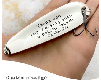 Customizable hand stamped wedding party lure • thank you for raising the man of my dreams • father of the groom • father of the bride