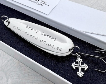 Personalized Christening Gift for Boy, Baby Dedication Fishing Lure Keepsake, Hand Stamped Name Date Gift