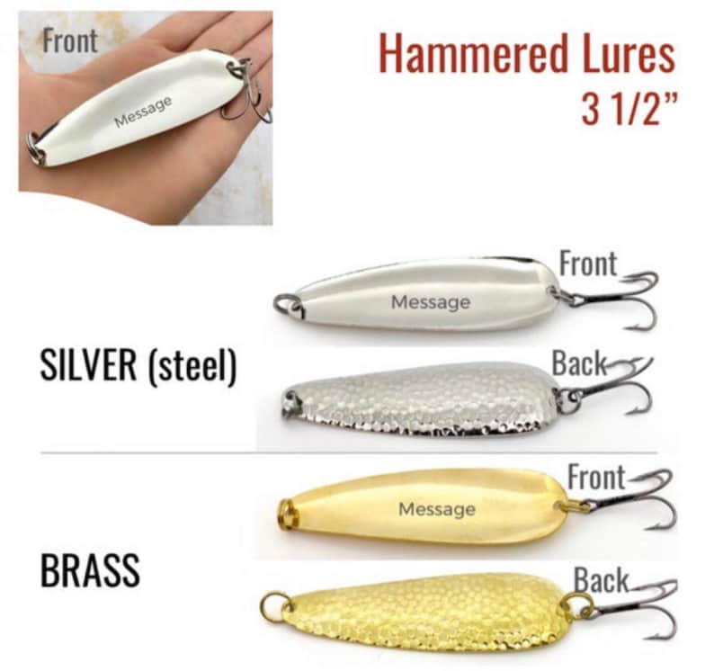 Silver and gold metal fishing lure options for personalized memorial or commemorative gifts