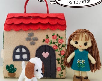Dollhouse Playset and Felt doll with yarn hair PDF sewing pattern