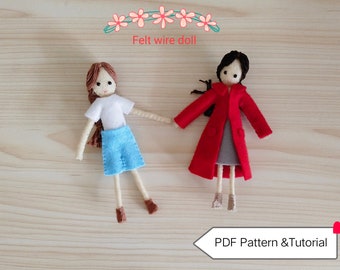 Felt doll, PDF pattern and tutorial felt wire doll with clothes, PDF sewing pattern