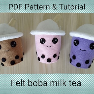 Felt doll, PDF pattern and tutorial felt boba milk tea, Boba bubble plush toy ( with keychain option )