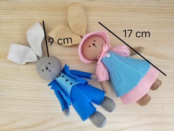 felt bunny in blue dress Felt Rabbit Couple Doll: Sewing Pattern & Tutorial (PDF)