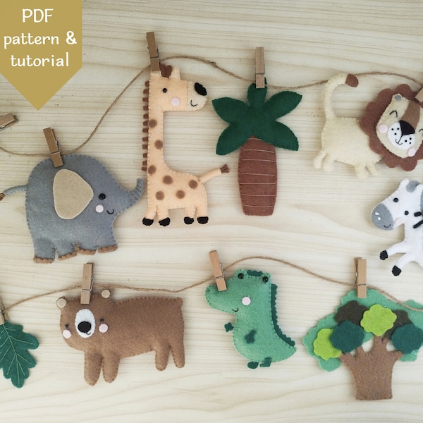 Felt animals garland, jungle baby nursery, safari animals garland