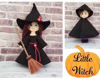 Felt doll, Little Witch PDF pattern and tutorial, Halloween costume