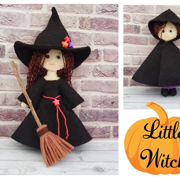 Felt doll, Little Witch PDF pattern and tutorial, Halloween costume