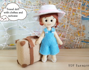 Felt doll, PDF pattern and tutorial Travel felt doll with clothes and suitcase