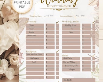 Könnte beinhalten: Ein druckbares PDF-Hochzeitsbudget-Tracker mit floralem Design. Der Tracker enthält Abschnitte für Zeremonie, Empfang, Hochzeitskleidung und andere Ausgaben. Das Dokument ist datiert auf den 2. Juni 2026 und den 1. Juni 2026.
