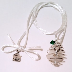 CERVICAL Cancer ~ TEAL/White Awareness Gem Necklace (Hope Beacon) ~ White Quartz, 24” Color Cord & Silver Ribbon Charm,“Homeless Fundraiser”