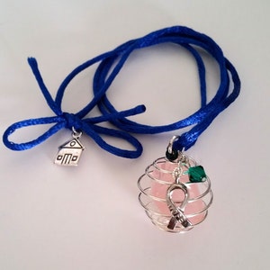 THYROID Cancer ~ Pink/Blue/Teal  Awareness Gem Necklace ~ Pink Quartz Crystal, 24” Cord or Chain, Silver Ribbon Charm, “Homeless Fundraiser”