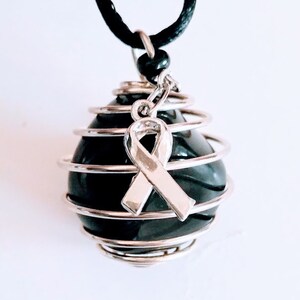 MELANOMA Cancer ~ BLACK Awareness Gem Necklace (Hope Beacon) ~ Apache Tear Gem, 24” Color Cord /Chain, & Ribbon Charm, “Homeless Fundraiser”