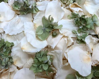 May include: A pile of white rose petals with green hydrangea flowers scattered throughout.