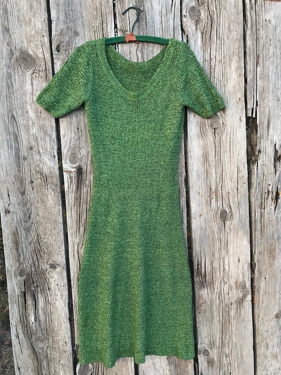 1940s 50s Green Ribbon Knit Dress, M