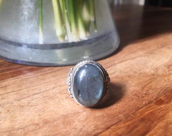 Labradorite Statement Ring with Sterling Silver Band - Size O UK